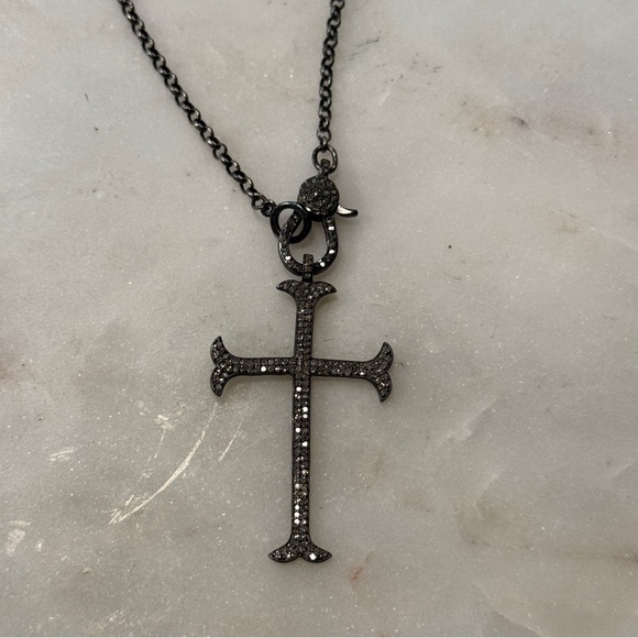 Pavé Diamond & Gunmetal Cross Necklace - Picture 4 of 12